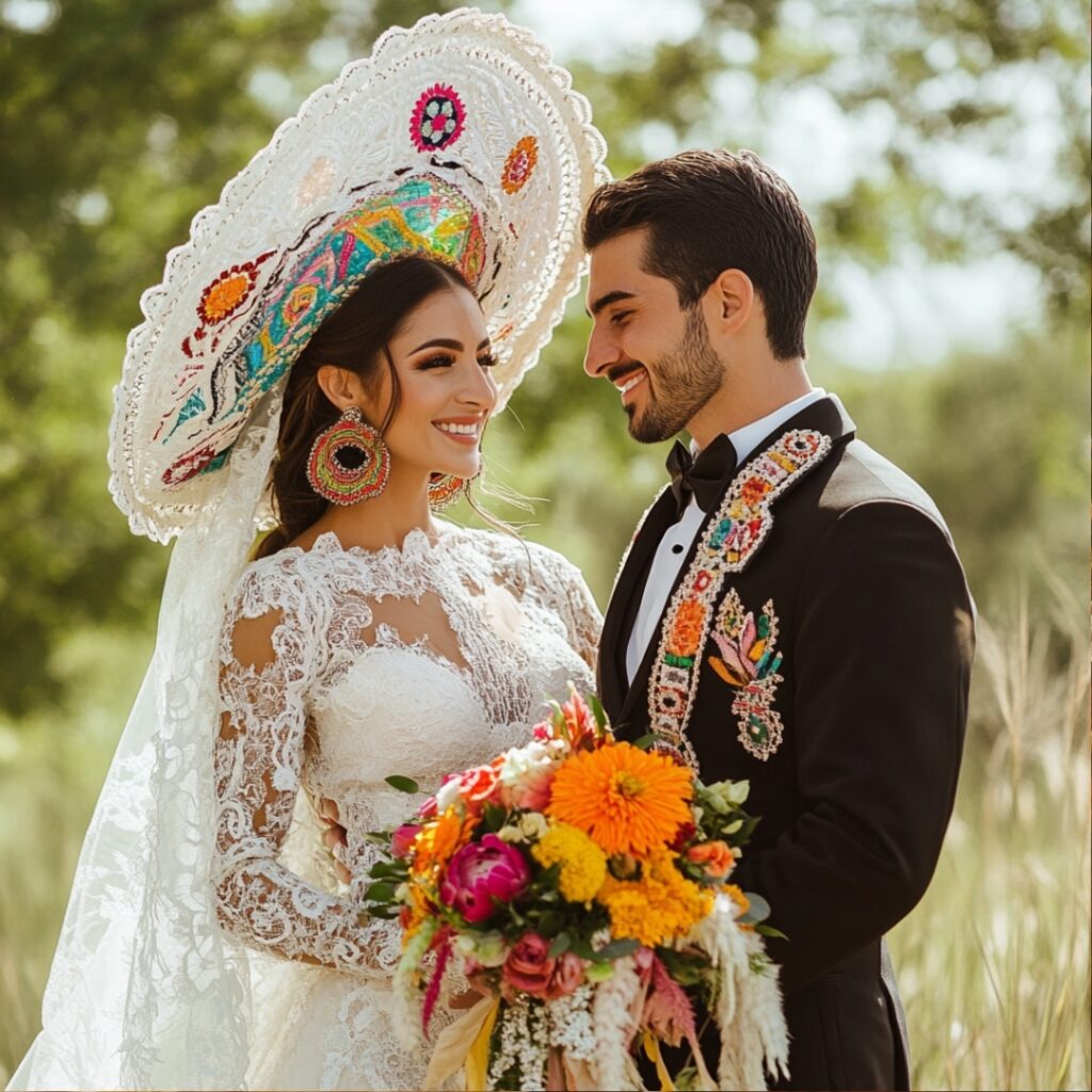 Bride in a lace dress with colorful embroidery and groom in a charro suit, showcasing traditional Mexican attire for a culturally rich rancho wedding.