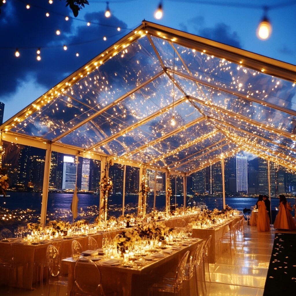 A transparent tent with twinkling fairy lights offers both elegance and weather protection, allowing uninterrupted views of the city skyline and night sky.