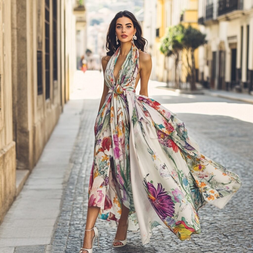 Trendy tea-length dress that balances formal and fun, showcasing playful prints and paired with chic pumps and a lightweight shawl for rooftop weddings.
