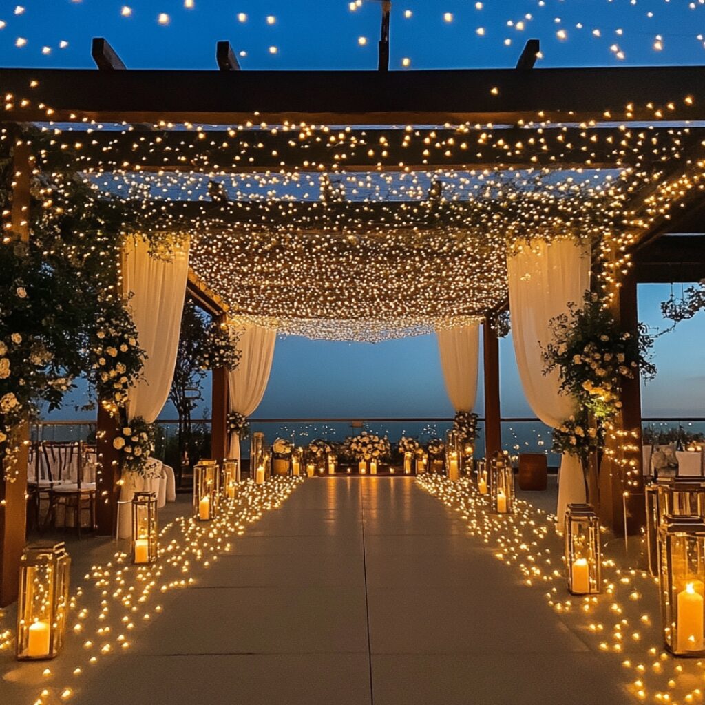 Magical rooftop wedding venue adorned with twinkling fairy lights, creating a romantic, starry-night effect, enhanced by candles and lanterns for a warm, intimate setting.