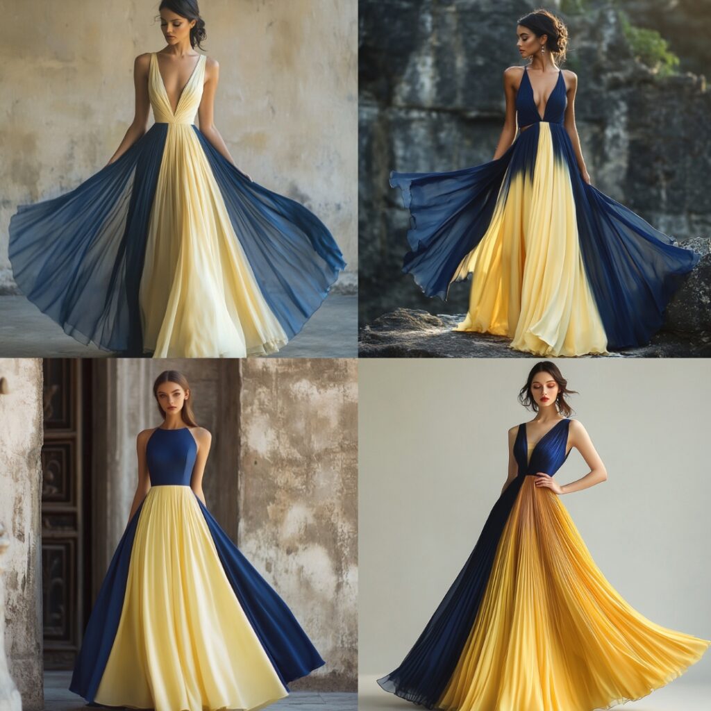 Elegant two-toned maxi dress blending deep blue and soft yellow hues, featuring a romantic silhouette perfect for evening weddings.