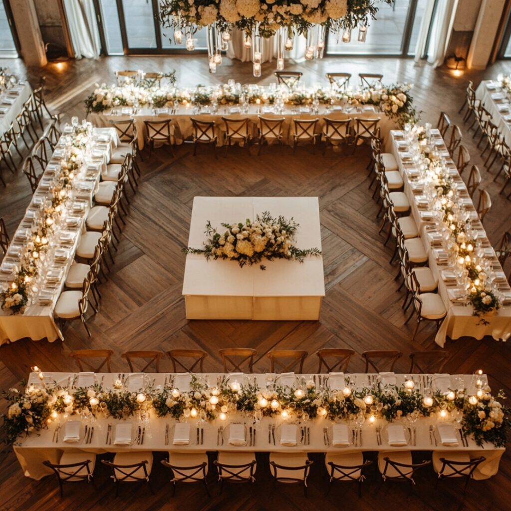 U-shaped banquet seating arrangement at a wedding, providing guests with great views of the couple and an intimate setting for speeches and toasts.