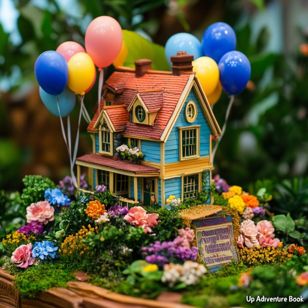 A miniature version of Carl’s house from "Up" with colorful helium balloons, surrounded by cheerful flowers and an "Adventure Book" replica, bringing whimsical charm to your wedding.