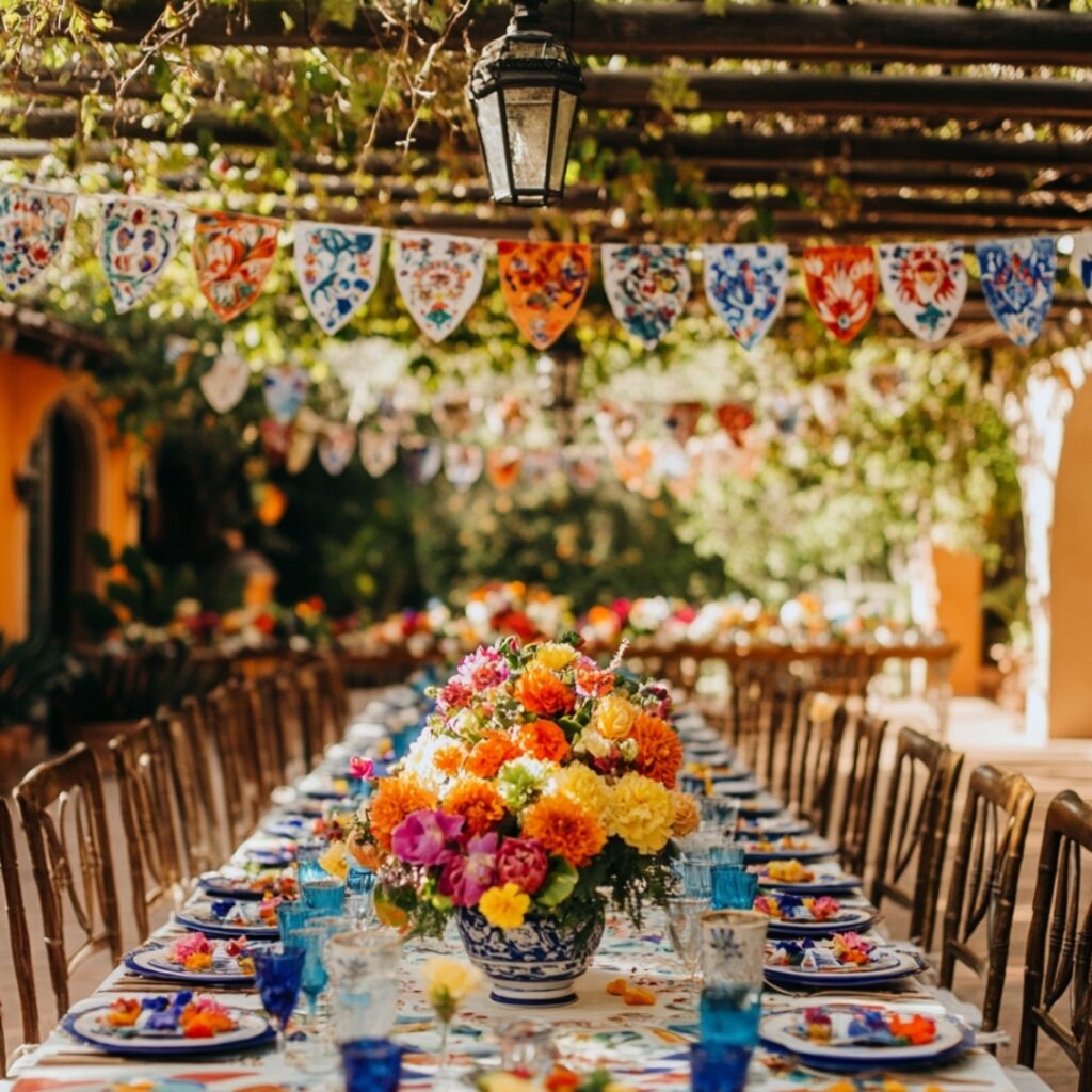 Bright papel picado banners, colorful flowers, and Talavera pottery decorate a rancho wedding, celebrating the vibrant spirit of Mexican culture.