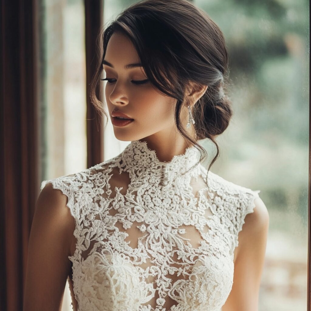 A timeless lace dress with intricate detailing, perfect for adding vintage charm and elegance to any fairytale-themed wedding.