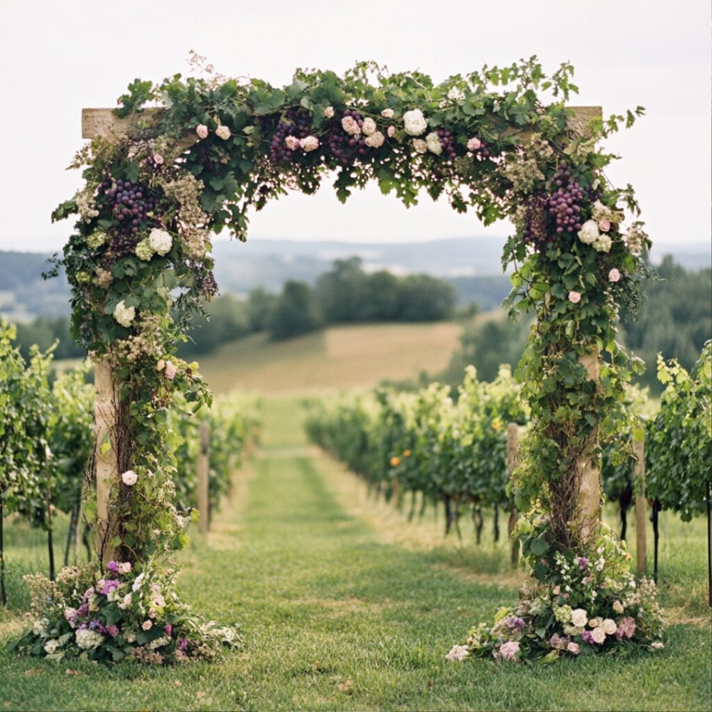 A vineyard-themed arch adorned with grapevines and flowers, creating a picturesque focal point for the wedding ceremony.