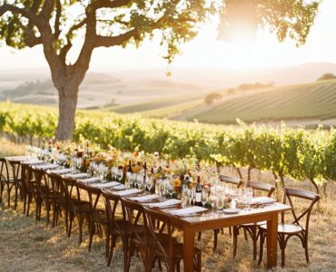 An elegant vineyard wedding with a blend of natural beauty, rustic charm, and memorable moments like sunset photoshoots, wine-tasting receptions, and alfresco dining