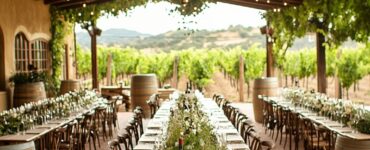 A beautifully decorated vineyard wedding venue, featuring personalized wine details, lush greenery, and rustic elements that create a cohesive and romantic ambiance.