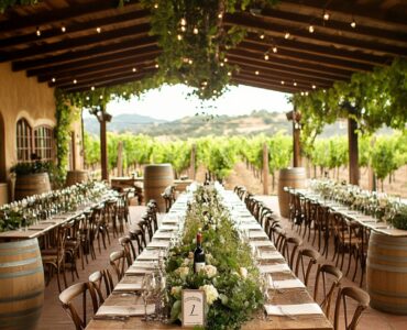 A beautifully decorated vineyard wedding venue, featuring personalized wine details, lush greenery, and rustic elements that create a cohesive and romantic ambiance.