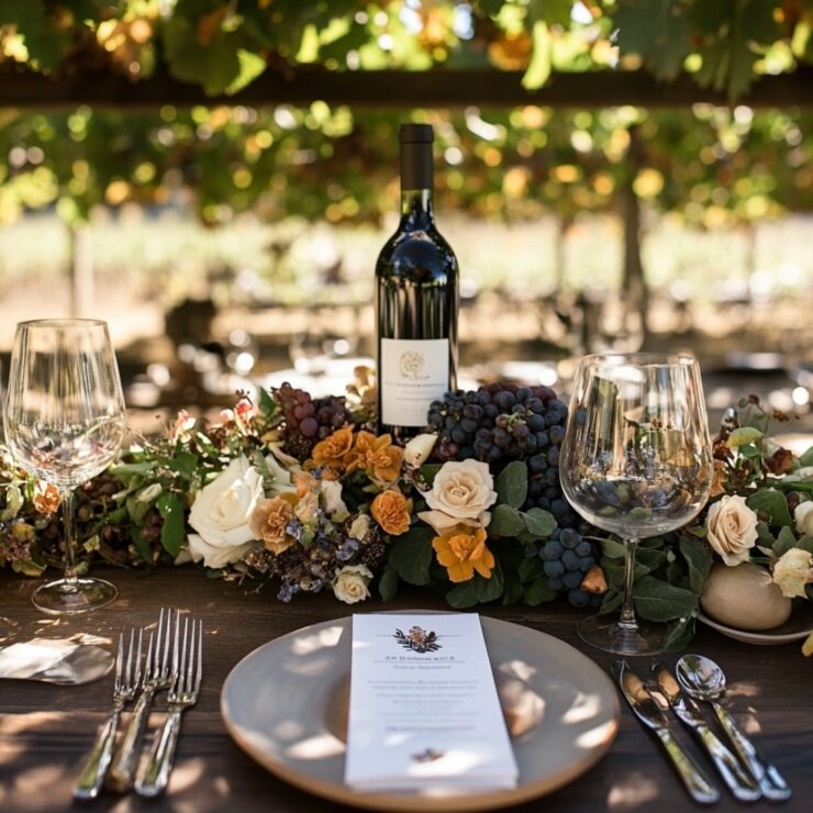 A beautifully curated vineyard wedding menu featuring locally sourced ingredients and wine pairings, creating a memorable and elegant dining experience for guests.