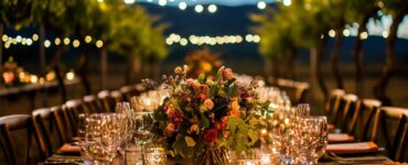 Summary of thoughtful details for a vineyard wedding reception, highlighting wine tastings, cozy lounges, stunning scenery for photos, and enchanting dancing under the stars.