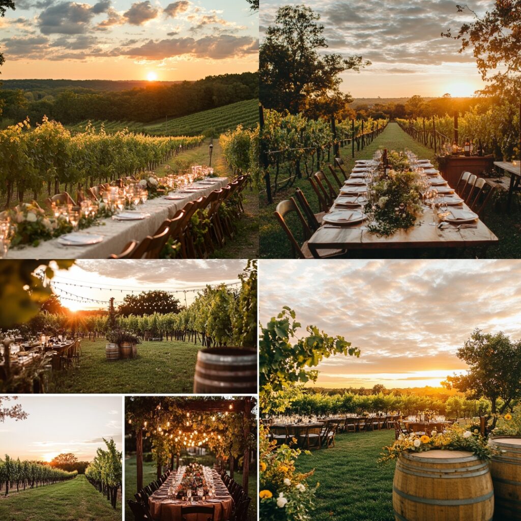 A romantic vineyard wedding venue in September, featuring lush vines and a sunset backdrop, perfect for a wine-pairing dinner with scenic fall views.