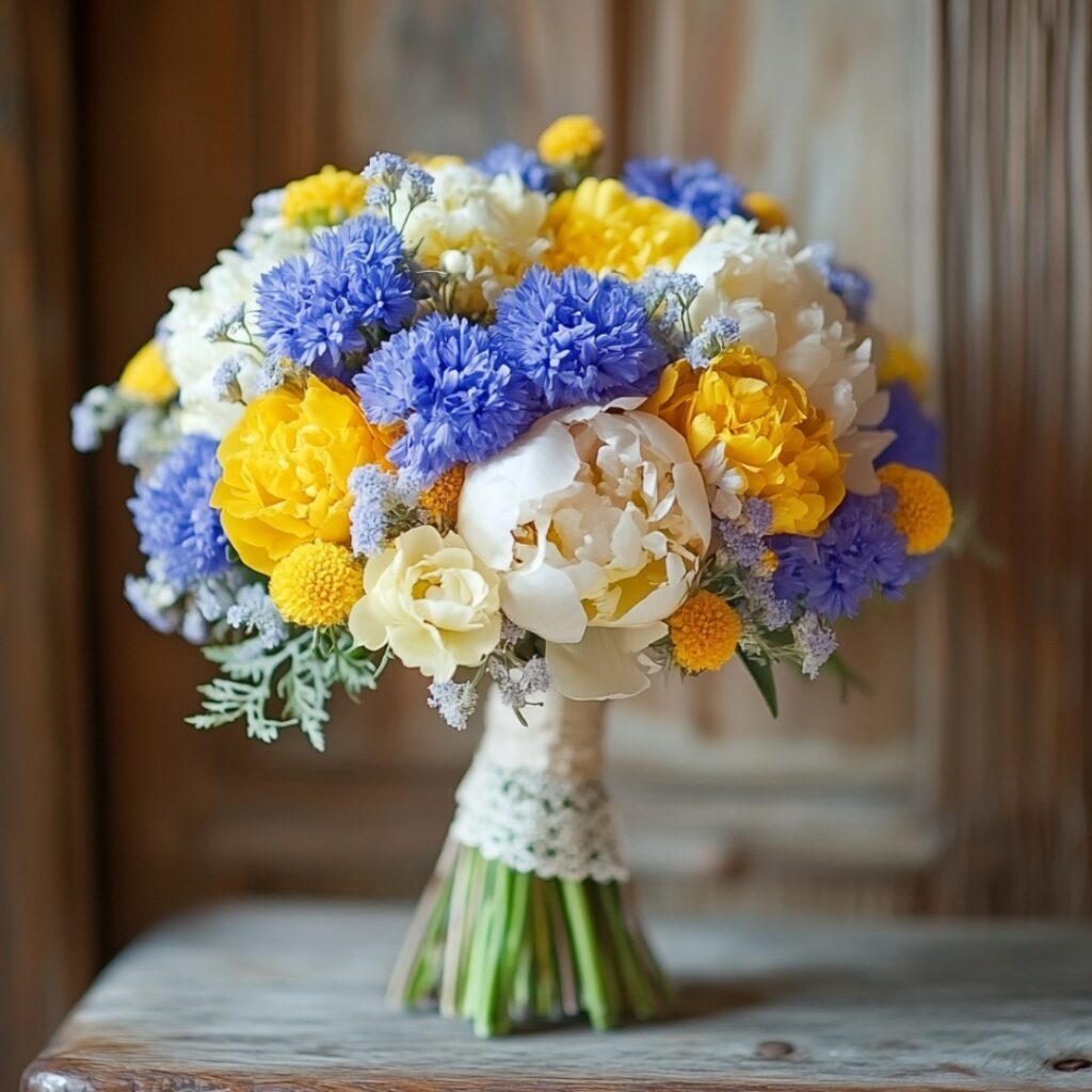 Charming vintage bouquet of blue cornflowers, yellow buttercups, and peonies, paired with lace ribbons, evoking nostalgia for a vintage-themed wedding.