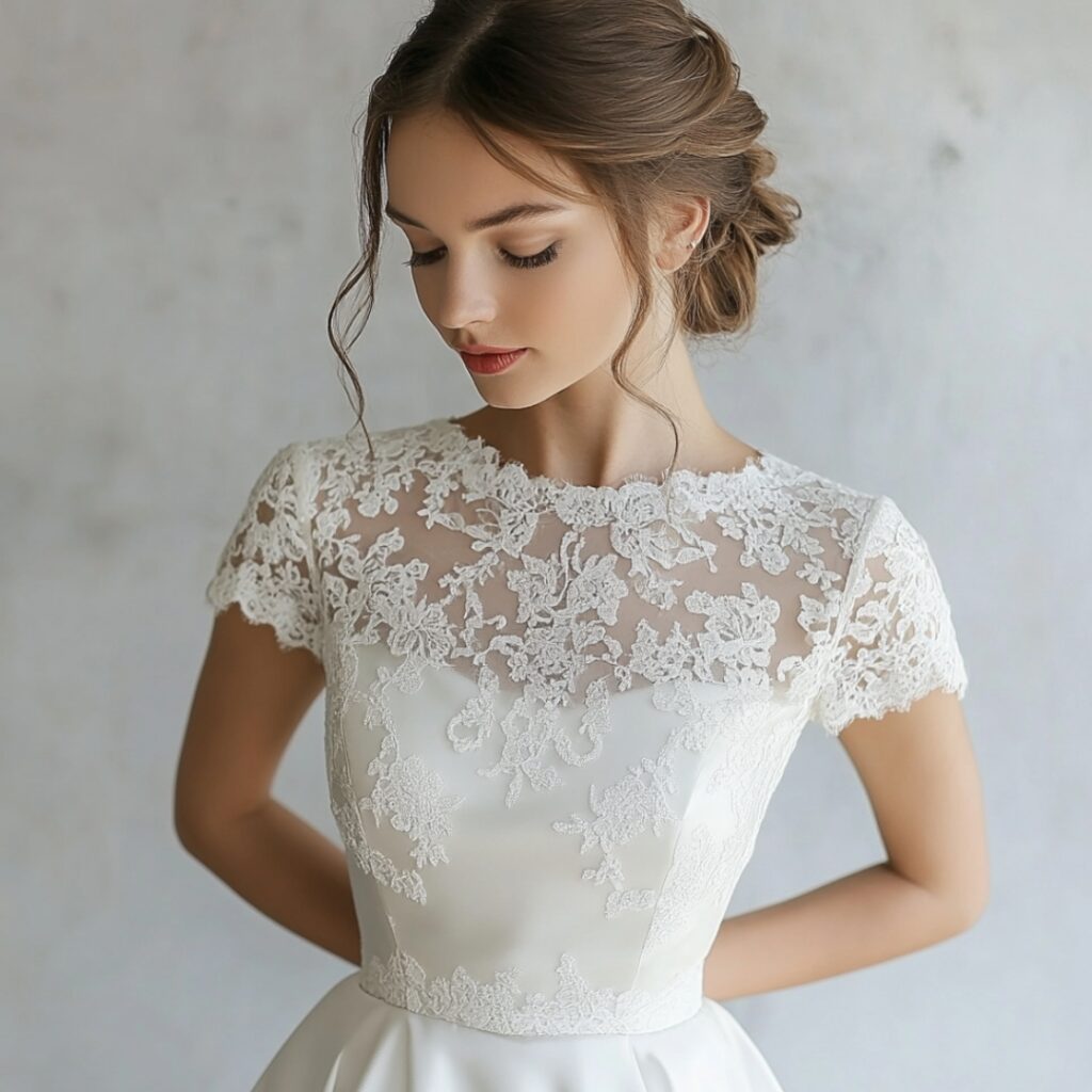 Charming vintage-inspired A-line satin wedding dress with lace overlays and cap sleeves, perfect for retro-themed weddings and intimate ceremonies.