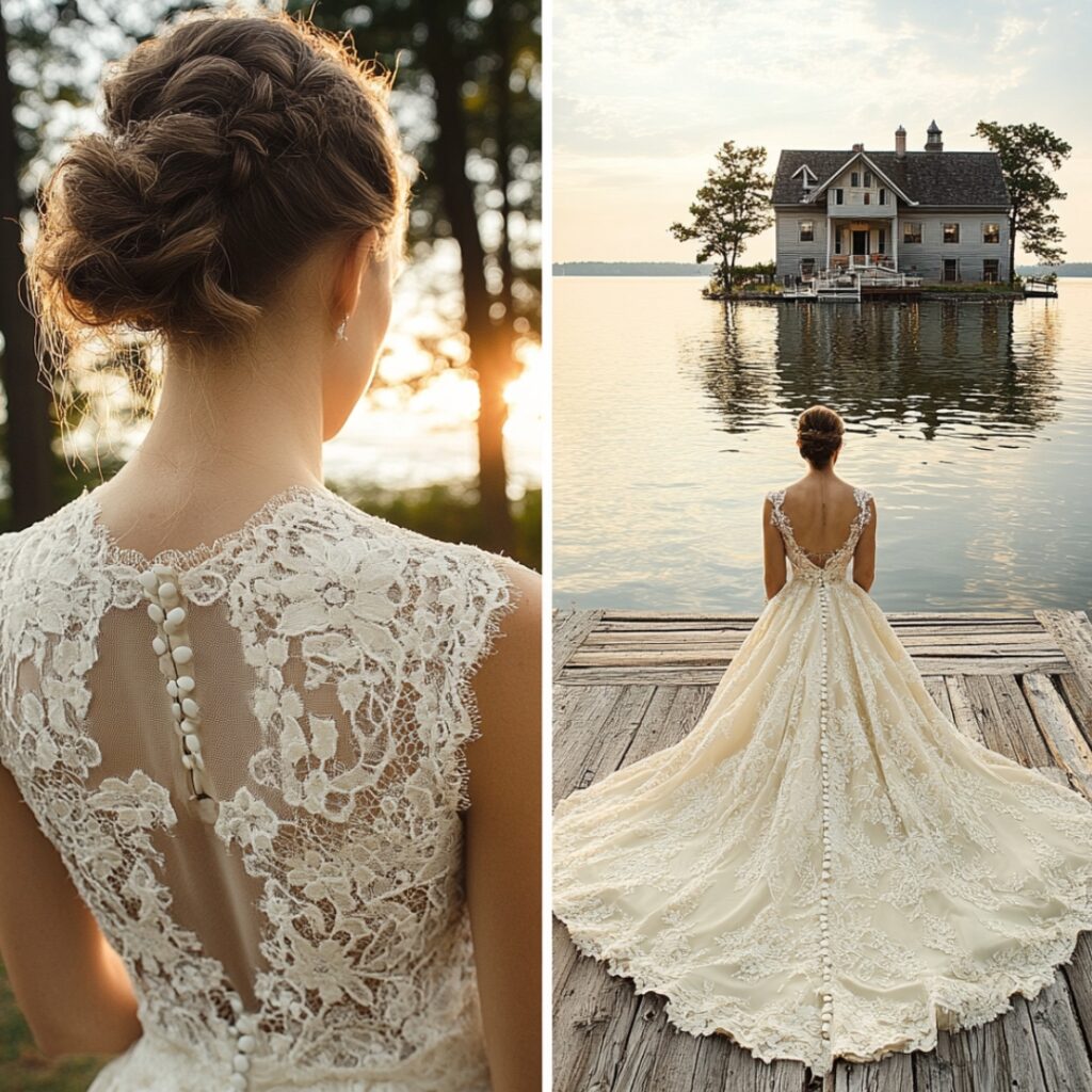 A vintage-inspired wedding dress featuring intricate lace patterns and nostalgic designs, perfect for adding classic charm to a lakefront wedding.