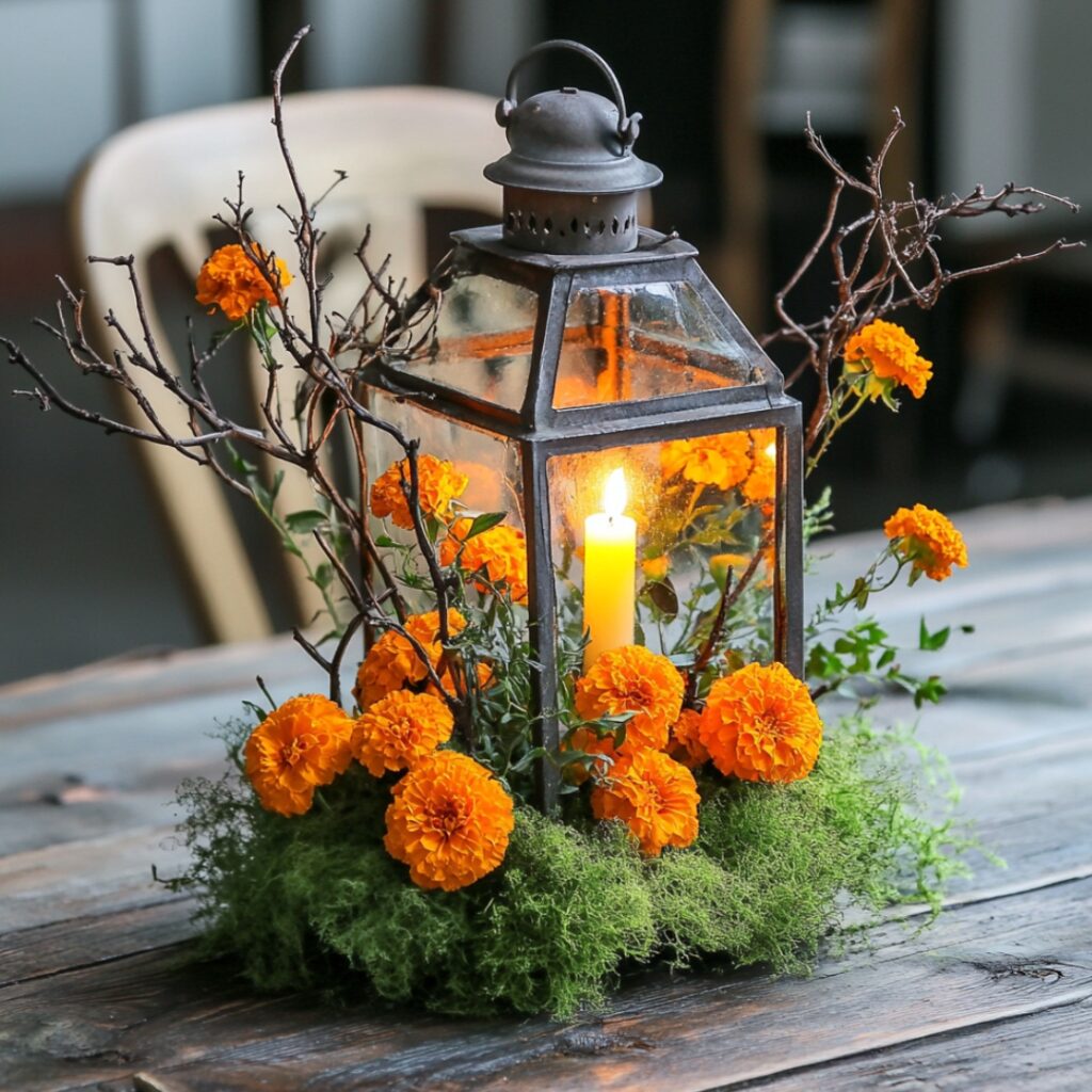 Rustic autumn centerpiece featuring a vintage lantern filled with marigolds, soft moss, and small branches, with tea lights inside for a cozy, warm ambiance.