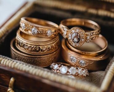 A collection of vintage wedding rings showcasing various styles from different eras, each ring representing a unique connection to the past and symbolizing enduring love.