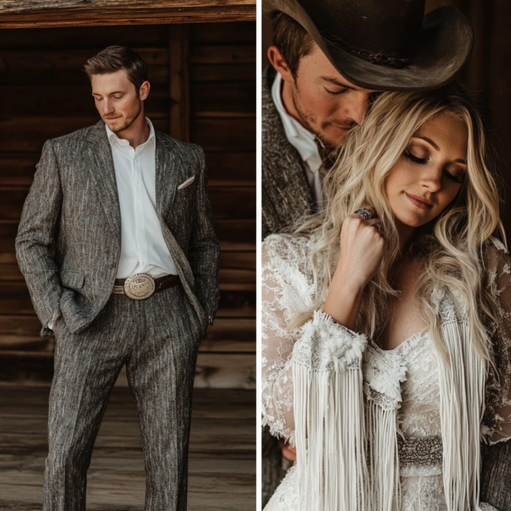 Vintage western glam barn wedding couple, with the groom in a tailored suit with western details, and the bride in a fitted gown with fringe accents.