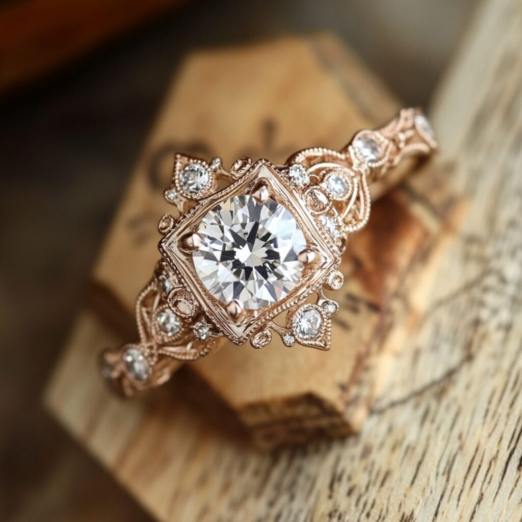 A vintage whimsical engagement ring with milgrain detailing and floral or geometric designs, blending old-world charm with playful whimsy.