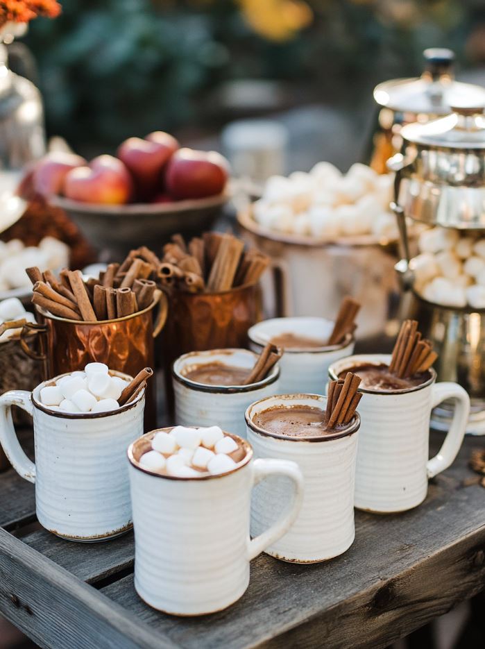 Warm beverage station at a fall wedding offering hot chocolate, apple cider, chai tea, and coffee, with fun add-ons like whipped cream, cinnamon sticks, and marshmallows in vintage-style mugs.