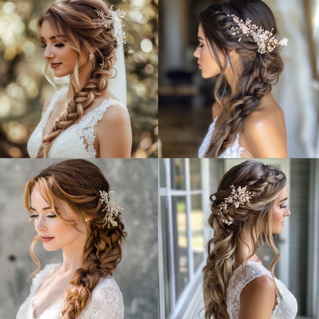 A captivating waterfall braid cascading down the side of a bride's head, allowing loose strands to flow freely, adding depth and romance to her look.