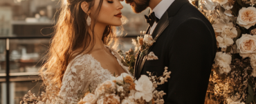 A beautifully styled rooftop wedding scene with couples in various outfits, emphasizing the importance of choosing unique attire to enhance the romantic ambiance of their special day.