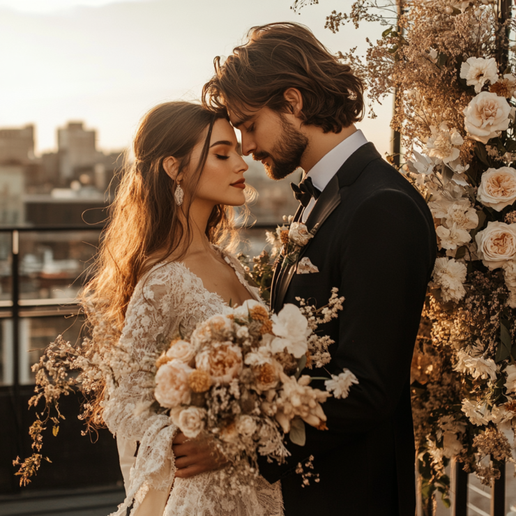 A beautifully styled rooftop wedding scene with couples in various outfits, emphasizing the importance of choosing unique attire to enhance the romantic ambiance of their special day.