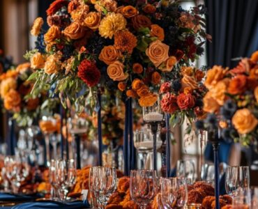 Elegant navy blue and rust-themed wedding setup featuring floral centerpieces, table decor, and coordinated attire, showcasing the balance of warm and cool tones.