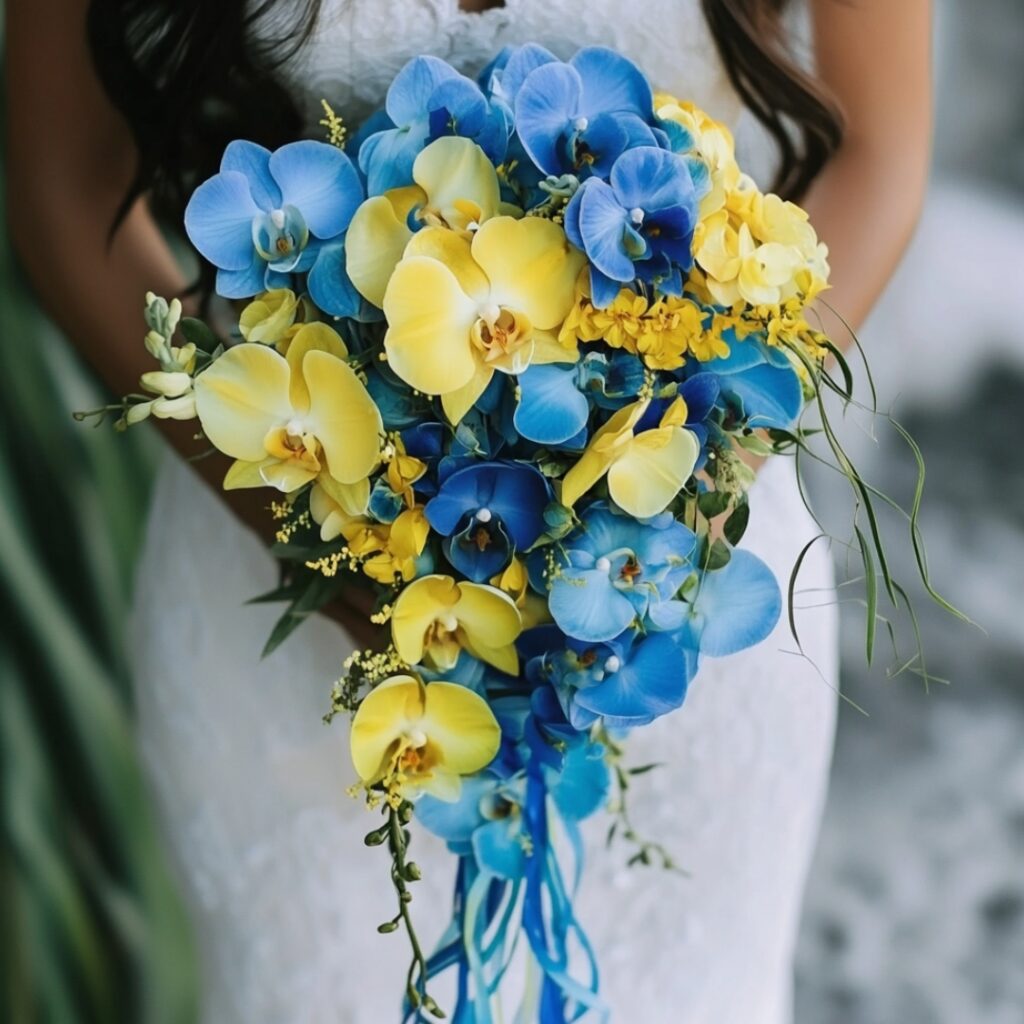 Unique bouquet featuring cascading blue and yellow orchids, symbolizing love and beauty, designed for a modern or tropical wedding with lush greenery.