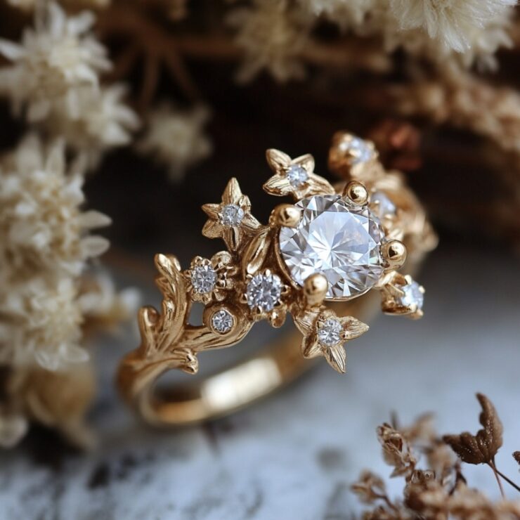 A whimsical engagement ring, blending romance, creativity, and individuality with designs inspired by nature, stars, and vintage elegance for a unique love story.