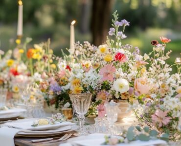 An enchanting wildflower-themed wedding setup, highlighting natural beauty and spontaneity, with delicate floral arrangements that celebrate love in a timeless, unique style.
