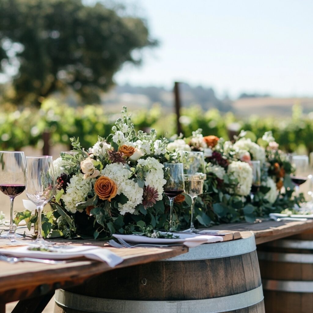 A rustic wine barrel table decorated with florals and greenery, adding charm and elegance to the vineyard wedding reception.