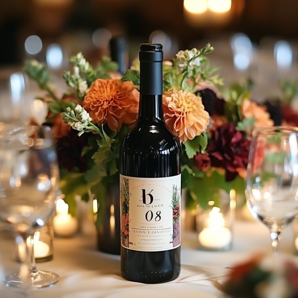 Personalized wine bottle table numbers with custom labels, perfectly tying in the vineyard theme with an elegant, interactive touch.