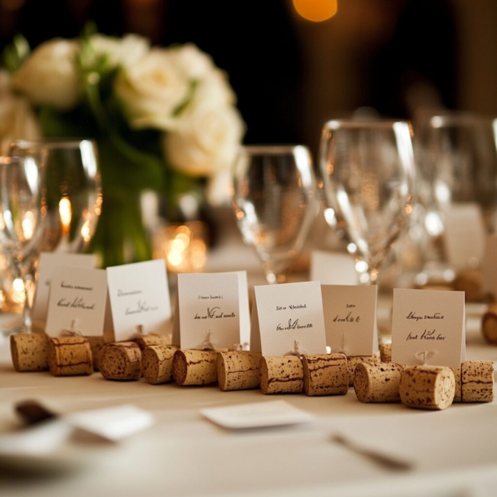 Creative wine cork place card holders with seating cards, adding a personalized vineyard touch to the reception tables.