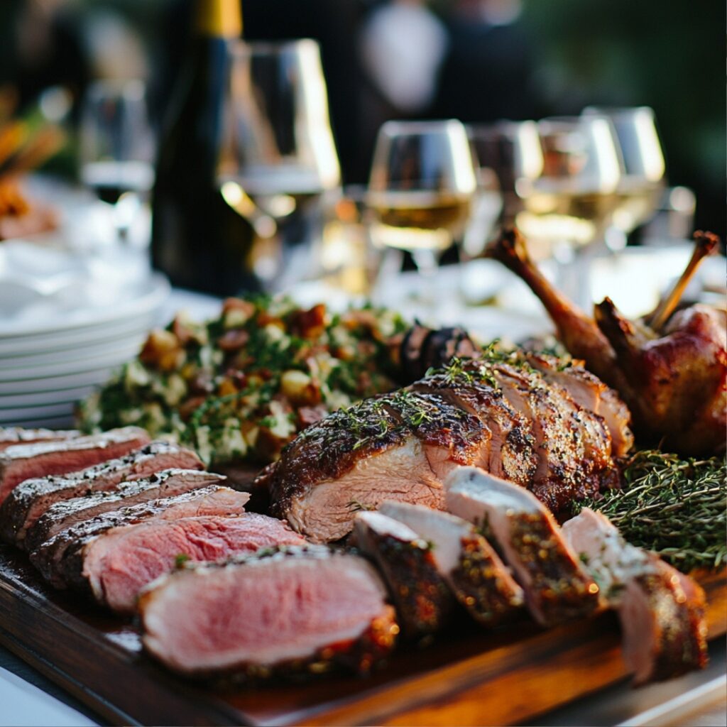 Grilled lamb, roasted chicken, and herb-crusted salmon, each expertly paired with vineyard wines, enhancing the culinary experience at your vineyard wedding.