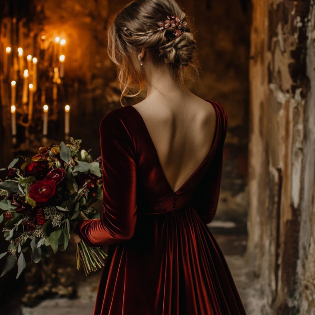 A rich wine red velvet bridesmaid dress full of gothic glamour, creating a luxurious, candlelit ambiance for a Halloween wedding.