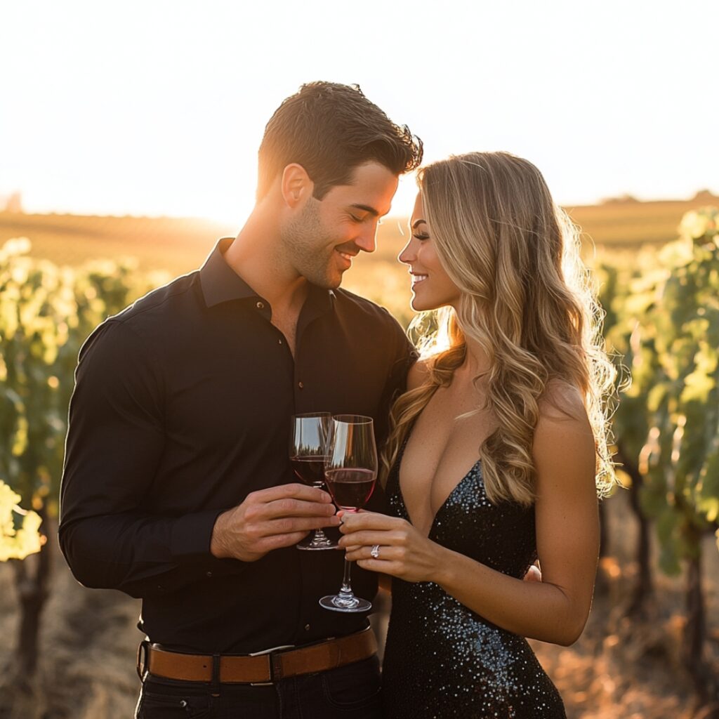 An elegant September winery proposal during grape harvest, featuring stunning vineyard views and a sunset toast for a memorable engagement.