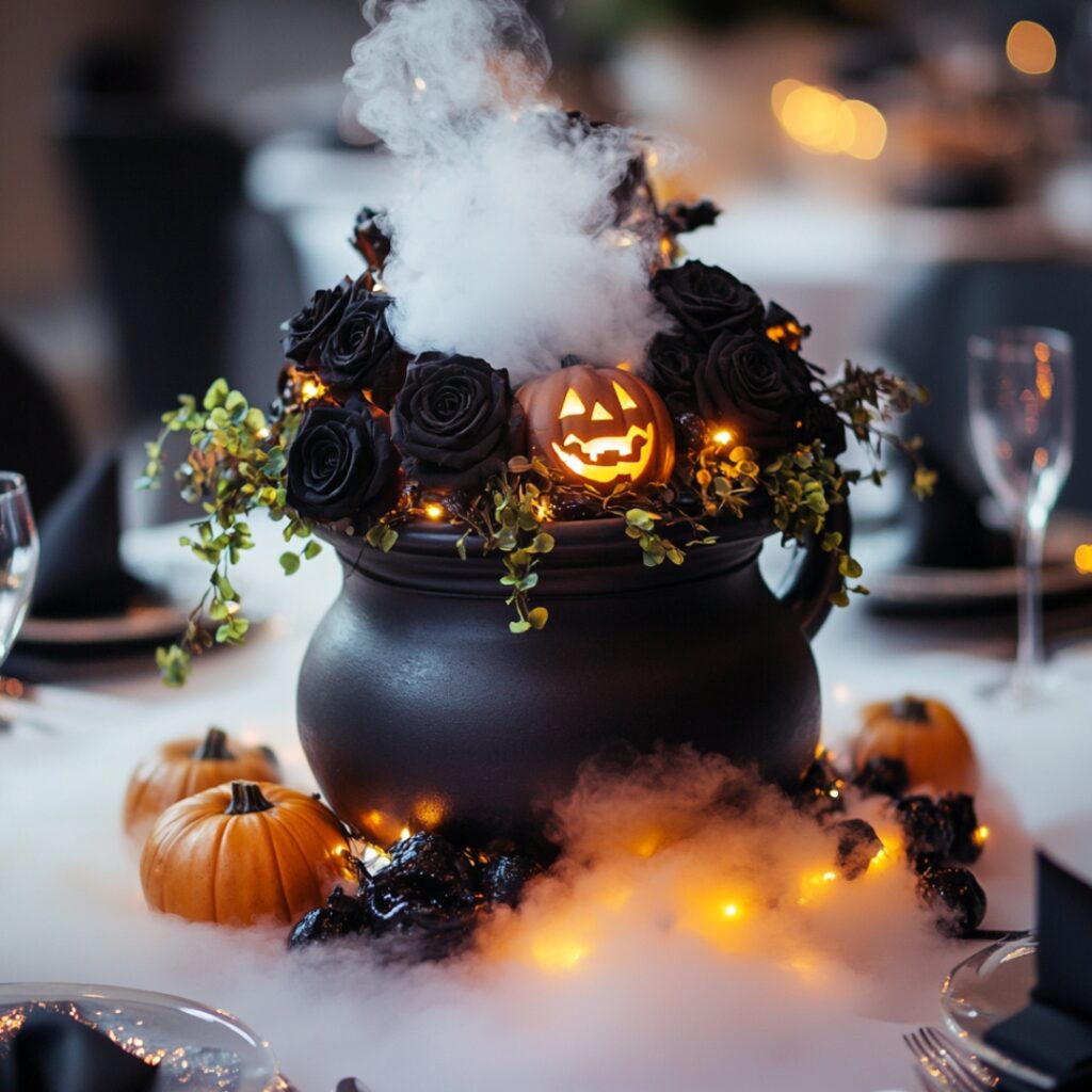 A mystical witches' cauldron centerpiece filled with dry ice for a foggy effect, surrounded by black roses, ivy, miniature pumpkins, and tiny LED lights to create a magical, spooky element for a Halloween-themed wedding.