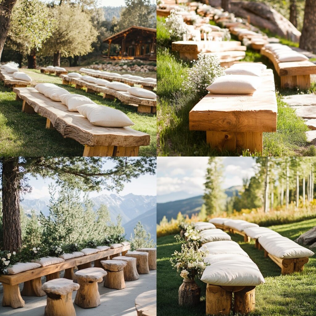 Rustic wooden benches with cozy cushions enhance the natural mountain ambiance, offering a comfortable and charming seating option for an outdoor ceremony.