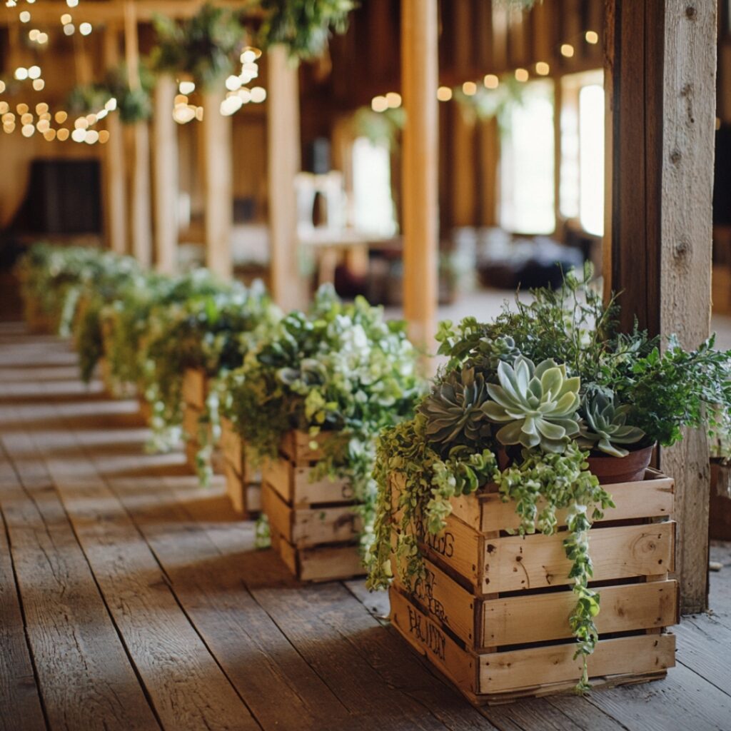 Wooden crates filled with potted succulents and greenery line the barn wedding aisle, providing a fresh and sustainable rustic decor element.
