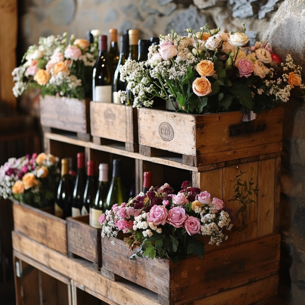 Stacked wooden wine crates filled with flowers, blending rustic elegance and the vineyard’s natural aesthetic into wedding décor.