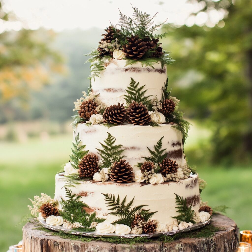 A woodland-inspired wedding cake adorned with edible ferns, pinecones, and earthy tones, perfect for a nature-loving couple’s barn wedding.