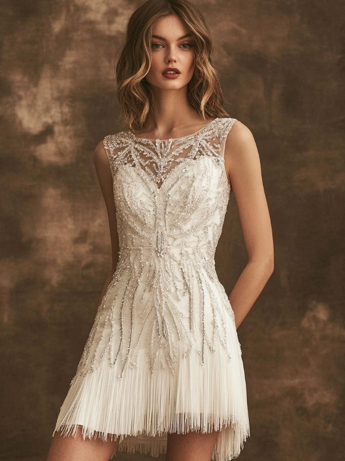 A glamorous knee-length flapper wedding dress with a dropped waist and fringe detailing, enhanced by sparkling beadwork, perfect for a vintage-inspired cocktail reception.