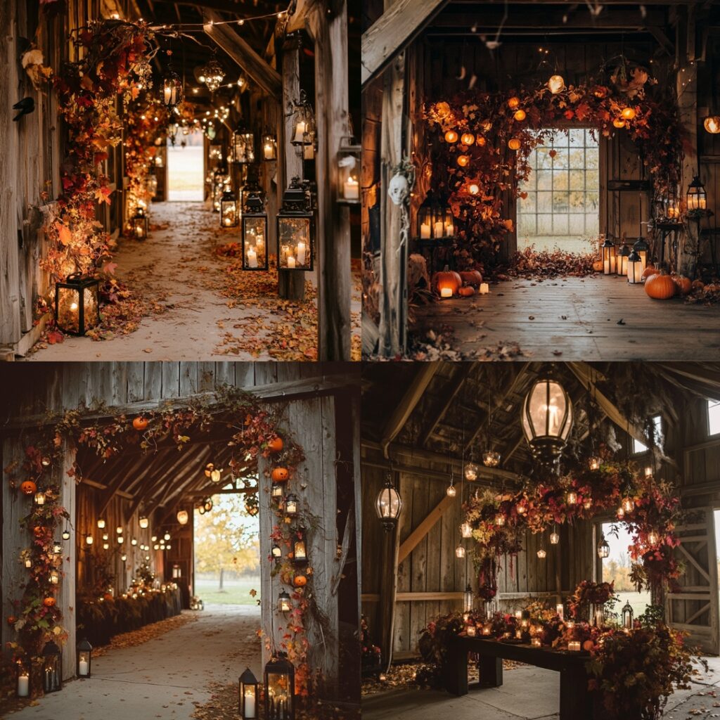 A rustic abandoned barn decorated with fall foliage and ghostly lanterns, providing a charming and spooky backdrop for a Halloween wedding celebration.