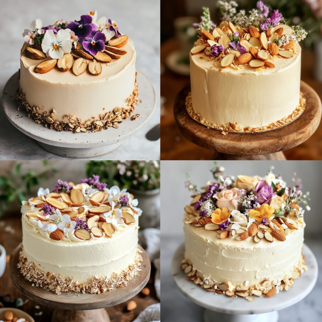 Elegant almond cake topped with creamy honey buttercream, decorated with toasted almond slices and edible flowers, showcasing a sophisticated dessert.