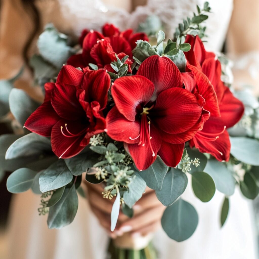 Bold red amaryllis paired with soft eucalyptus in a December wedding bouquet, blending vibrant color and frosty green for a winter celebration.