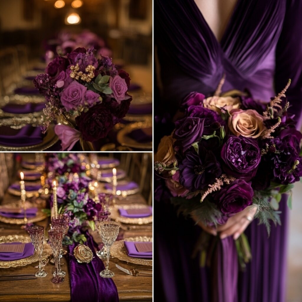 Regal amethyst and gold wedding palette featuring deep purple bridesmaid dresses, gold decor accents, and rich velvet table runners for a luxurious winter celebration.