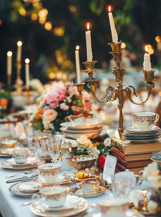A wedding scene featuring antique décor such as mismatched china, old books, and ornate candelabras, creating a nostalgic atmosphere that transports guests to a bygone era.