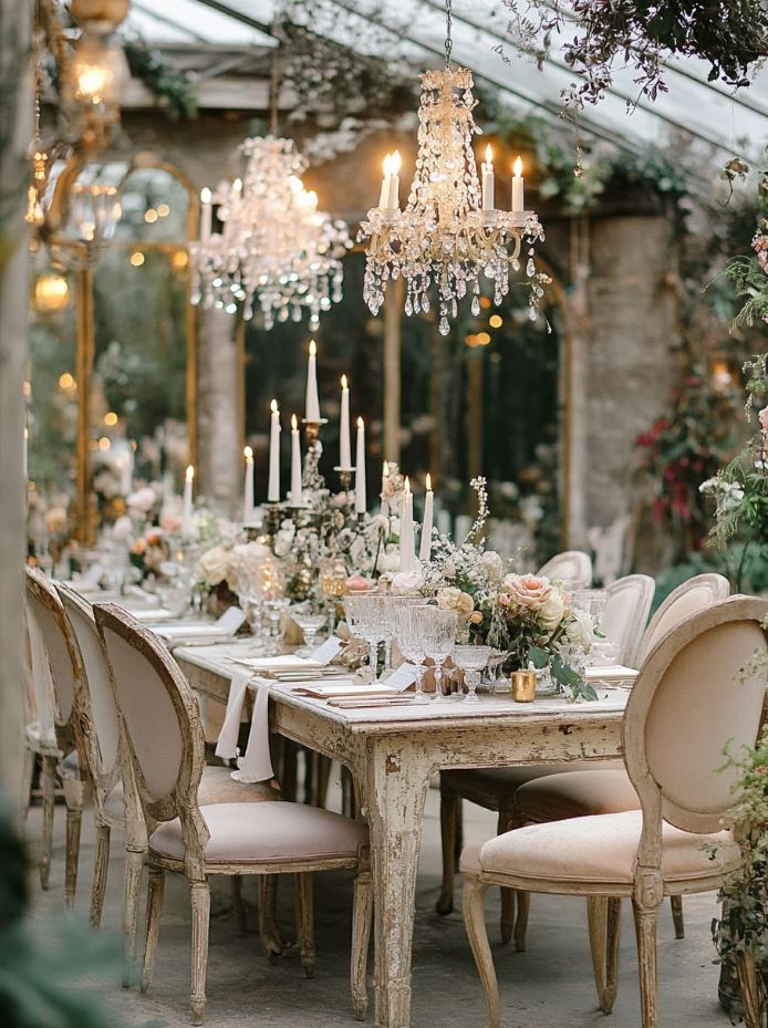 An elegant vintage wedding reception decorated with antique mirrors, mismatched chairs, candelabras, and vintage furniture, creating a charming and romantic atmosphere.