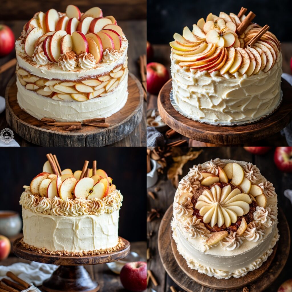 Delicious apple cinnamon layer cake with fluffy vanilla layers and spiced apple compote, topped with fresh apple slices and cinnamon buttercream.
